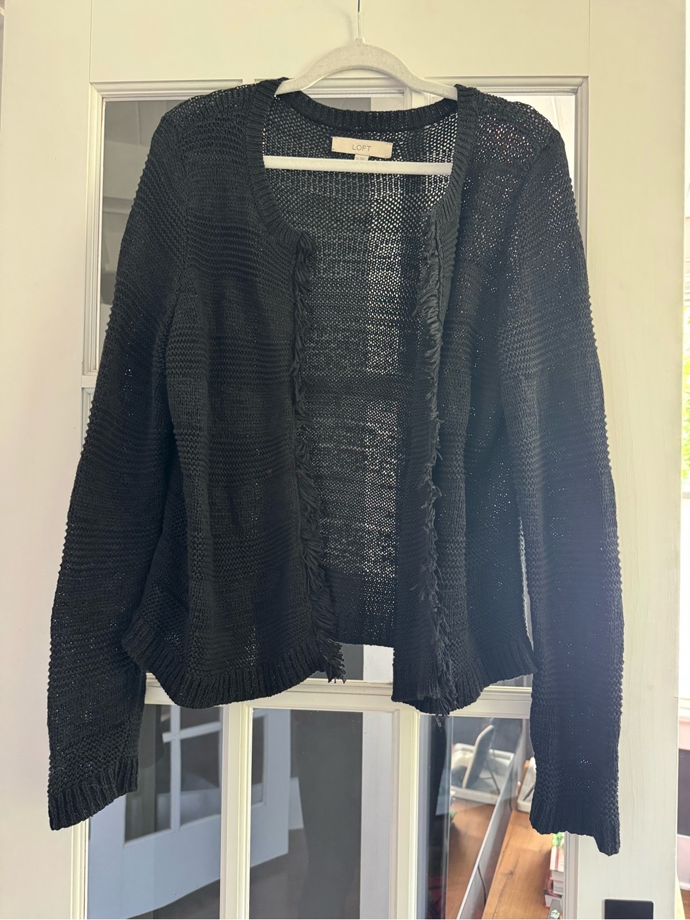 LOFT Black Open-Front Fringe-Trim Cardigan